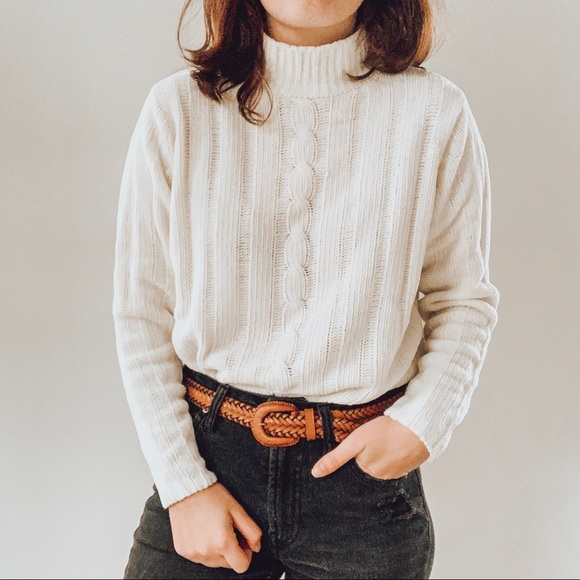 Vintage Sweaters - VINTAGE | Ivory Cable Knit Mock Neck Sweater Sz Sm